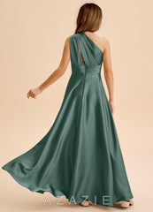 Azazie Charlize Junior Eucalyptus A-Line Pleated Stretch Satin Dress eucalyptus