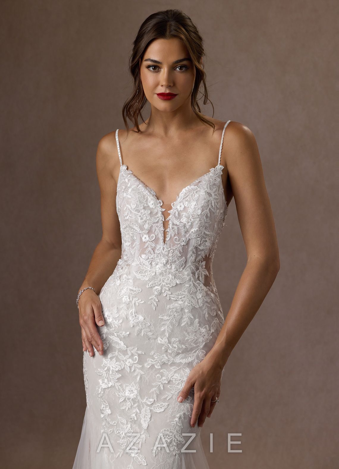 Azazie Leonie Wedding Dress Diamond White Mermaid V-Neck Sequins Tulle Dress diamond_white
