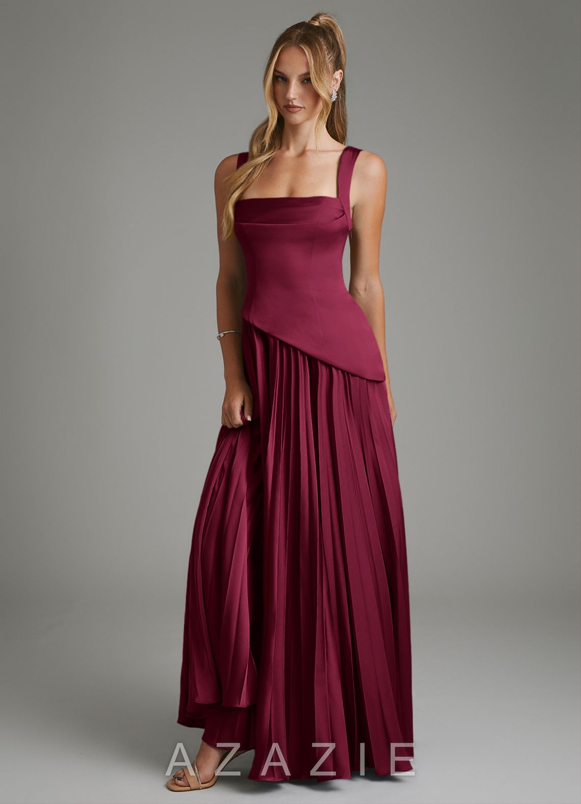 Azazie Stephanie Burgundy A-Line Corset Stretch Satin Dress