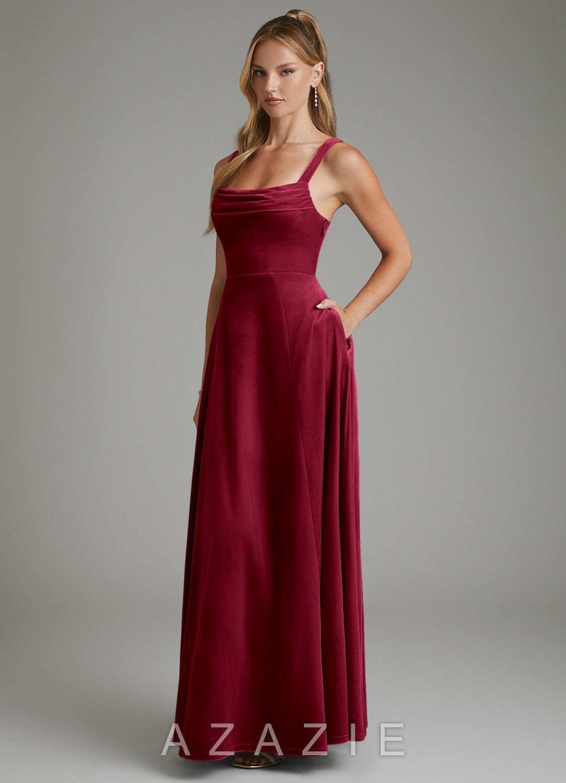 Azazie Shaude Burgundy A-Line Pleated Velvet Dress burgundy
