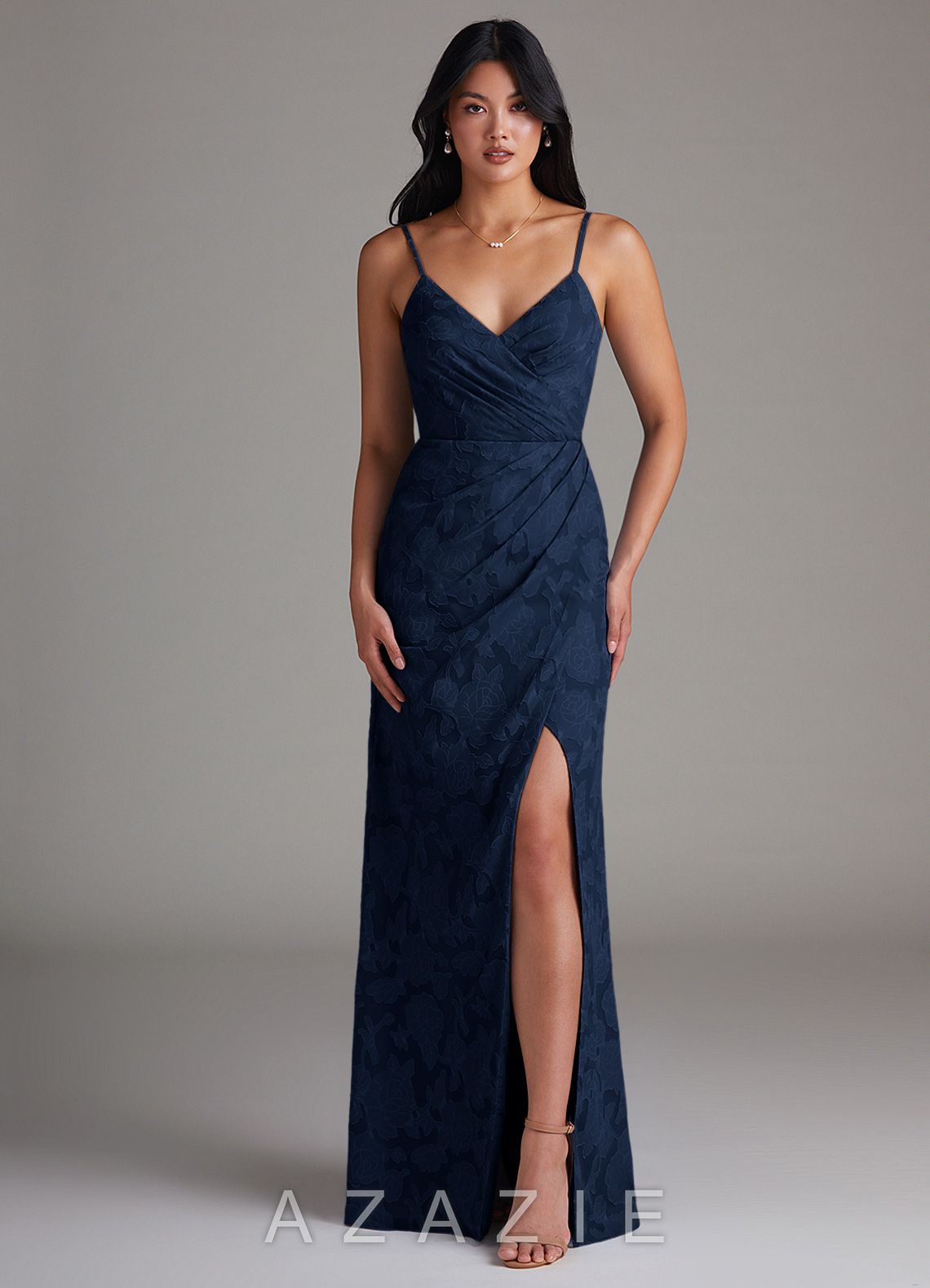 Azazie Maci Dark Navy Sheath Pleated Floral Burnout Dress