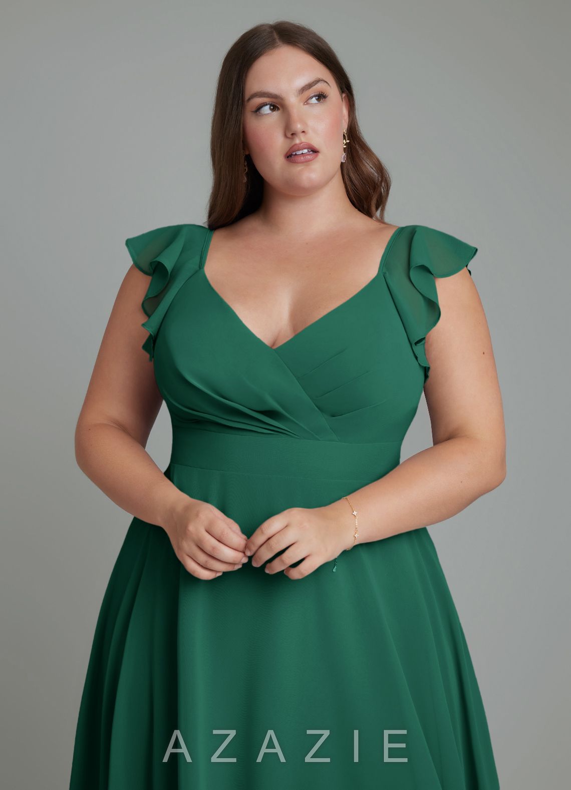 Azazie Leilani Emerald A-Line Pleated Chiffon Dress emerald