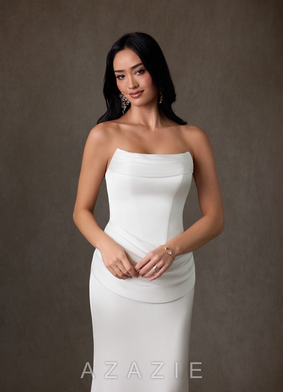 Azazie Miranda Diamond White Sheath Strapless Stretch Satin Dress diamond_white