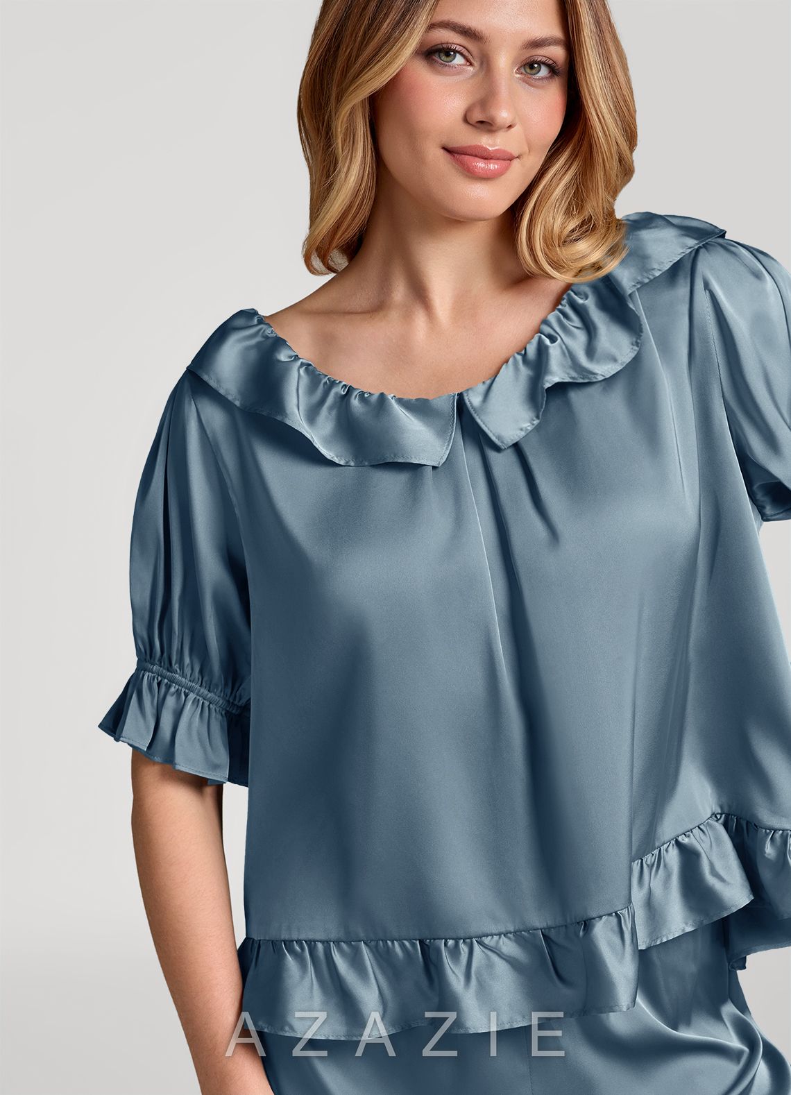 Ruffled Short Sleeve Satin Pajama Set  dusty_blue
