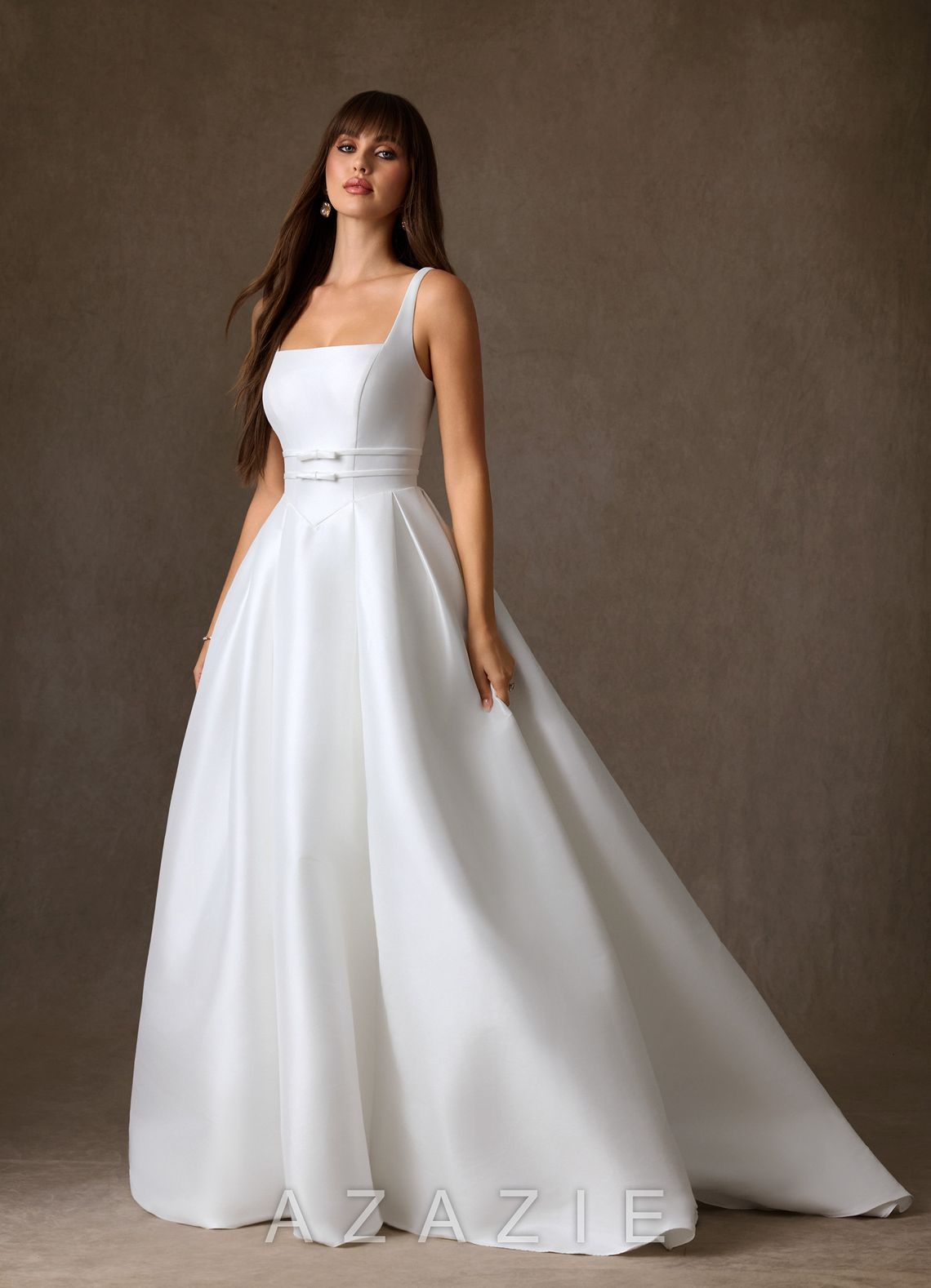 Azazie Cynthia Diamond White Ball-Gown with Pockets Stretch Mikado Dress