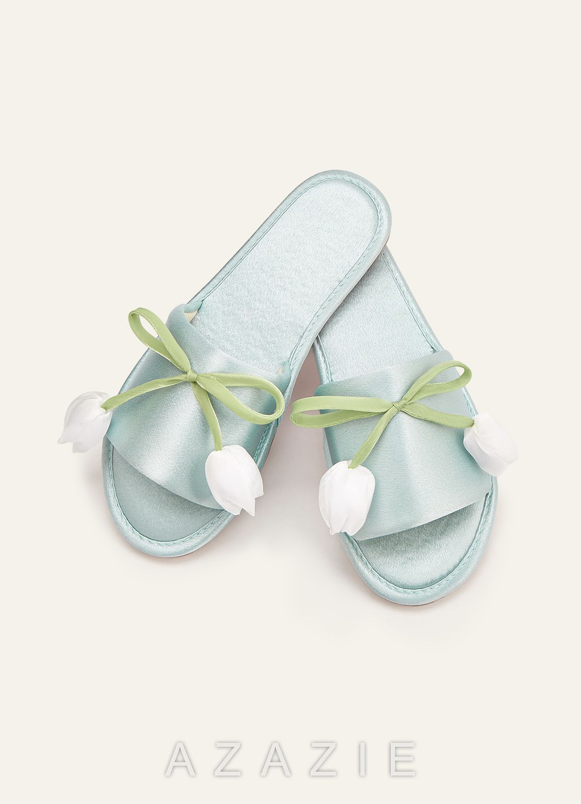 Floral Bow Satin Slippers  agave