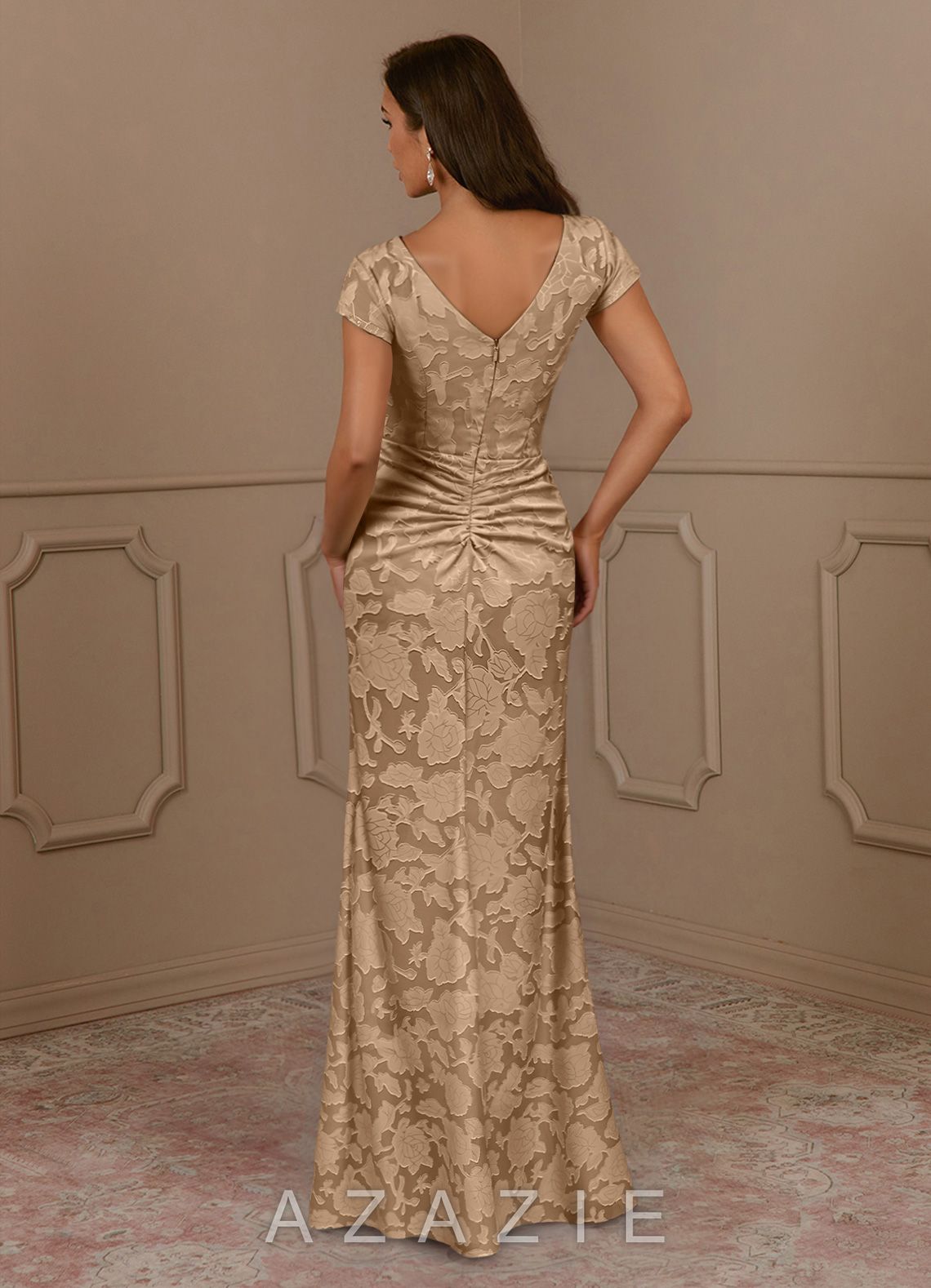 Azazie Roya Champagne Mermaid Ruched Floral Burnout Dress champagne