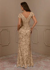 Azazie Roya Champagne Mermaid Ruched Floral Burnout Dress champagne