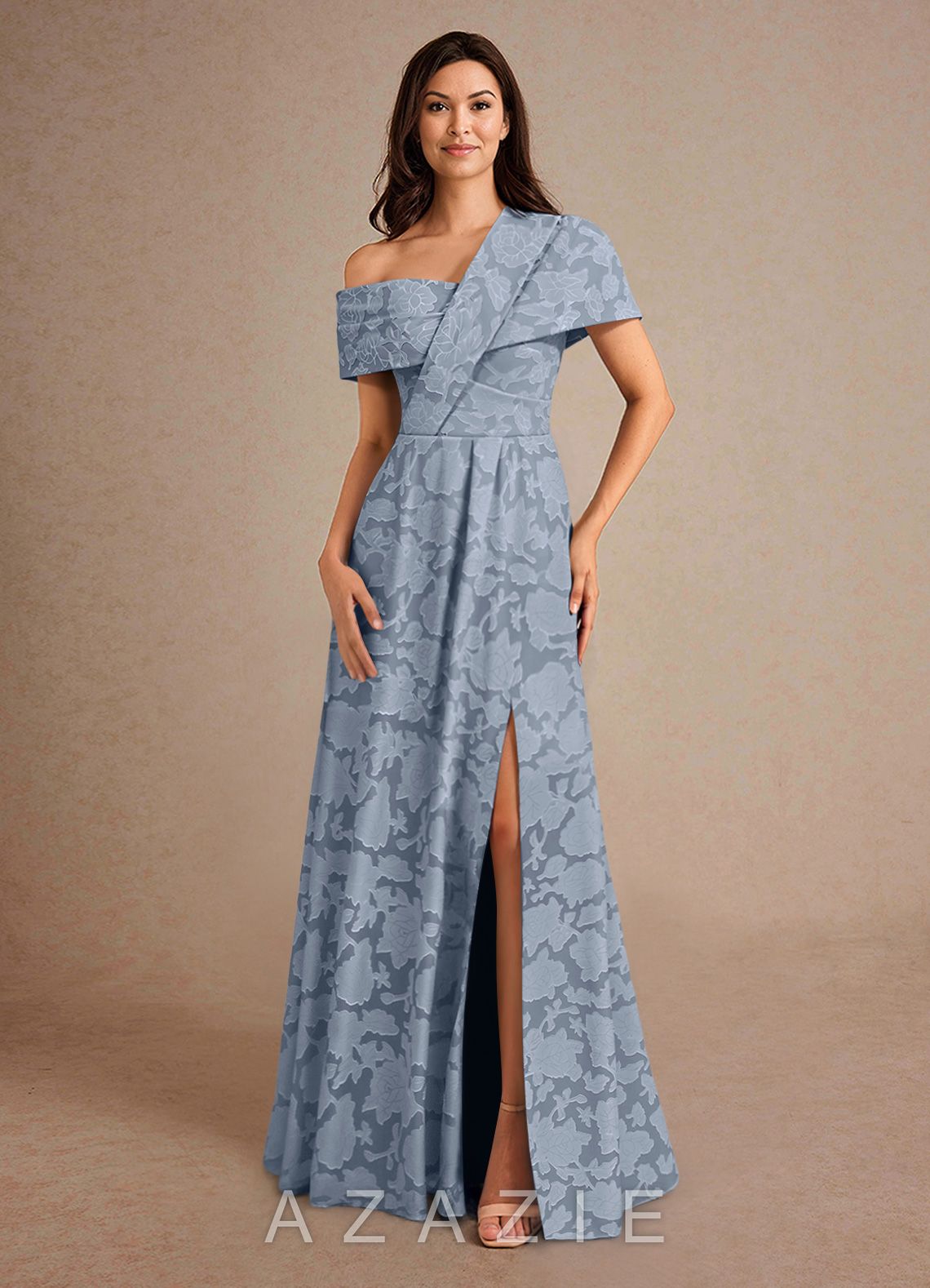 Azazie Milton Dusty Blue A-Line Pleated Floral Burnout Dress dusty_blue