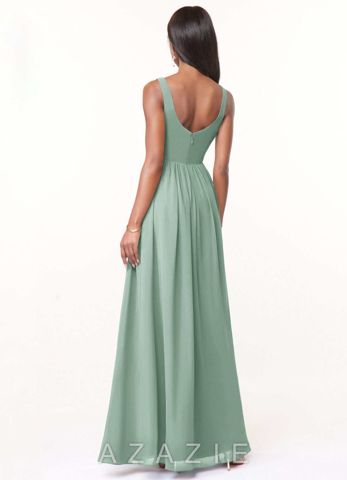 Azazie Keyla Agave A-Line V-Neck Pleated Chiffon Dress agave