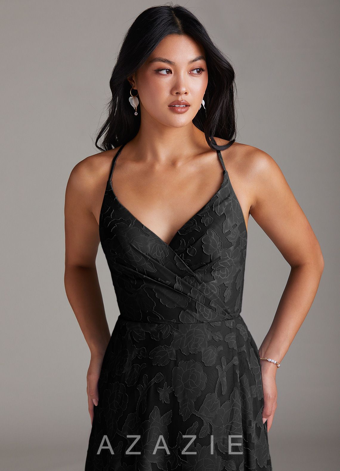Azazie Davis Black A-Line Pleated Floral Burnout Dress black