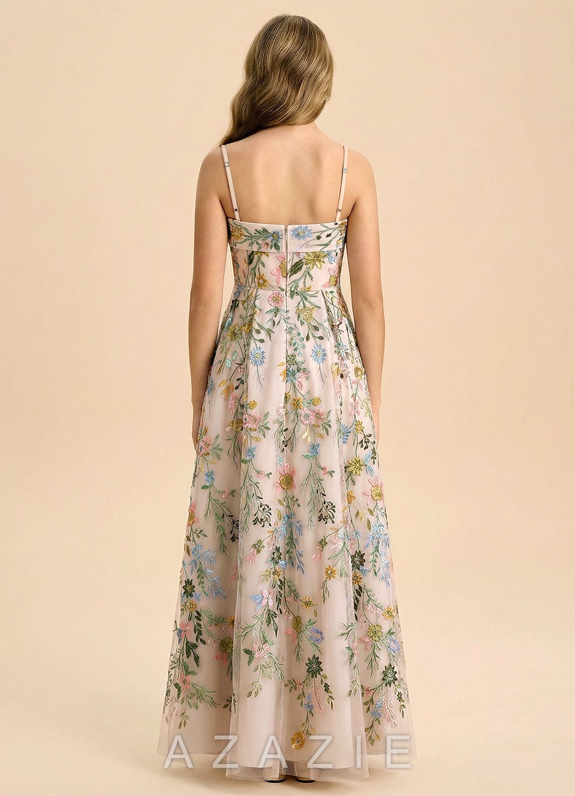 Azazie Evangeline Junior Formal Dress Blush Garden Floral A-Line Pleated 3D Floral Embroidered Lace Dress blush_garden_floral