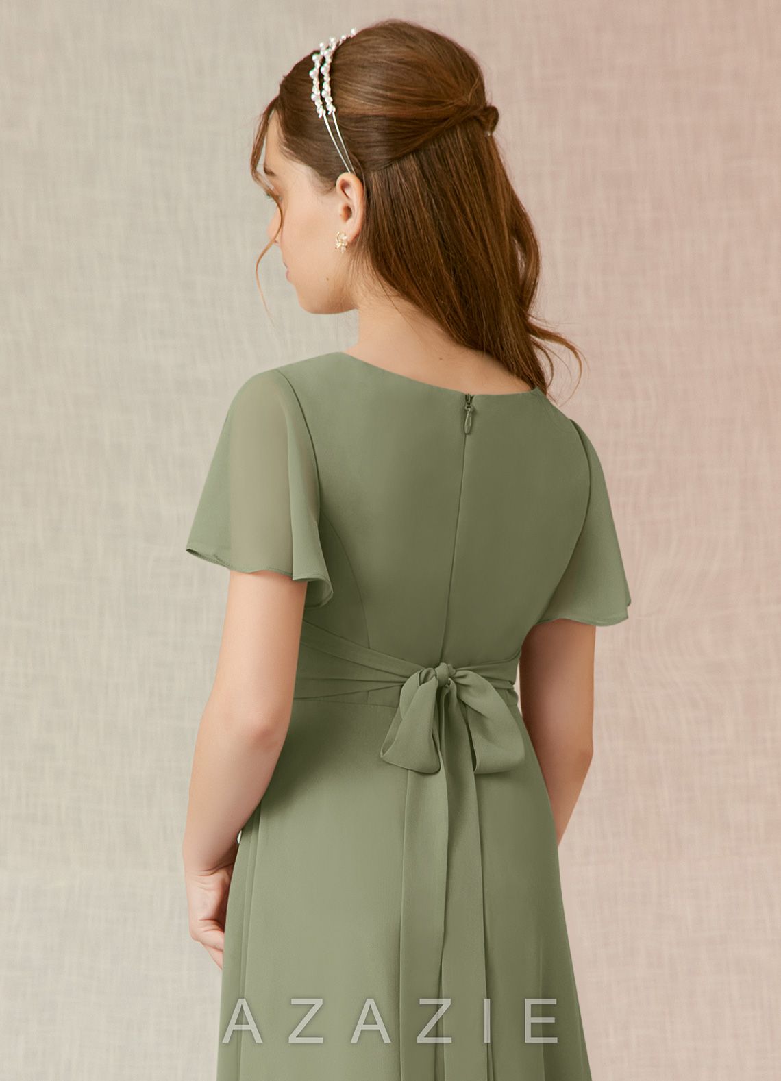 Azazie Induh Junior Pistachio A-Line Ruched Chiffon Dress pistachio