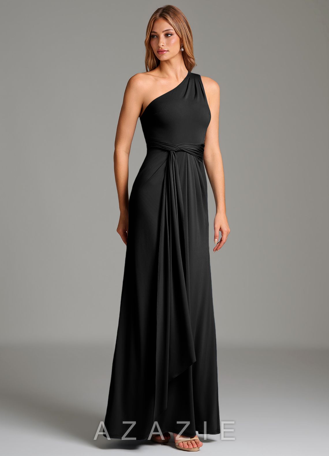 Azazie Taina Black A-Line One Shoulder Premium Stretch Jersey Dress black