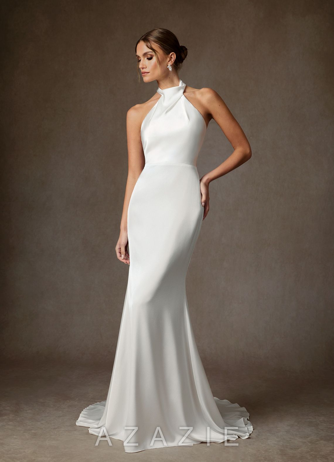 Azazie Tulipa Diamond White Sheath High Neck Stretch Satin Dress