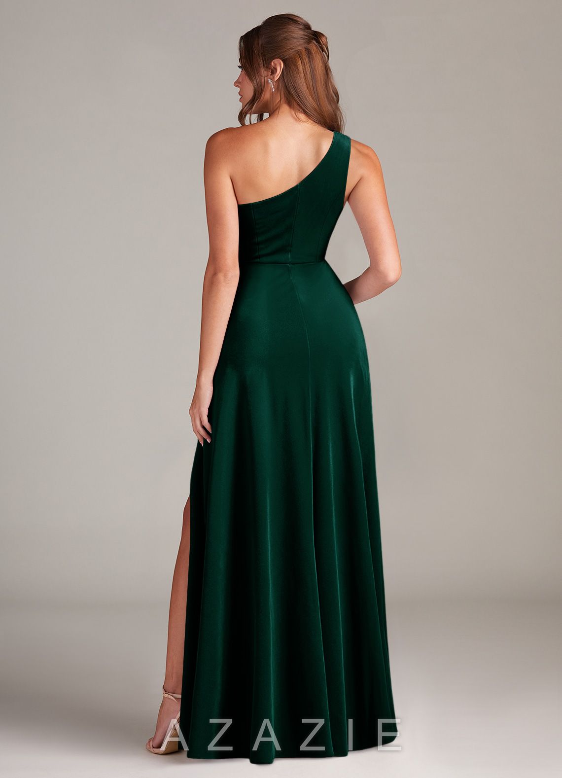 Azazie Brooke Emerald A-Line One Shoulder Velvet Dress emerald
