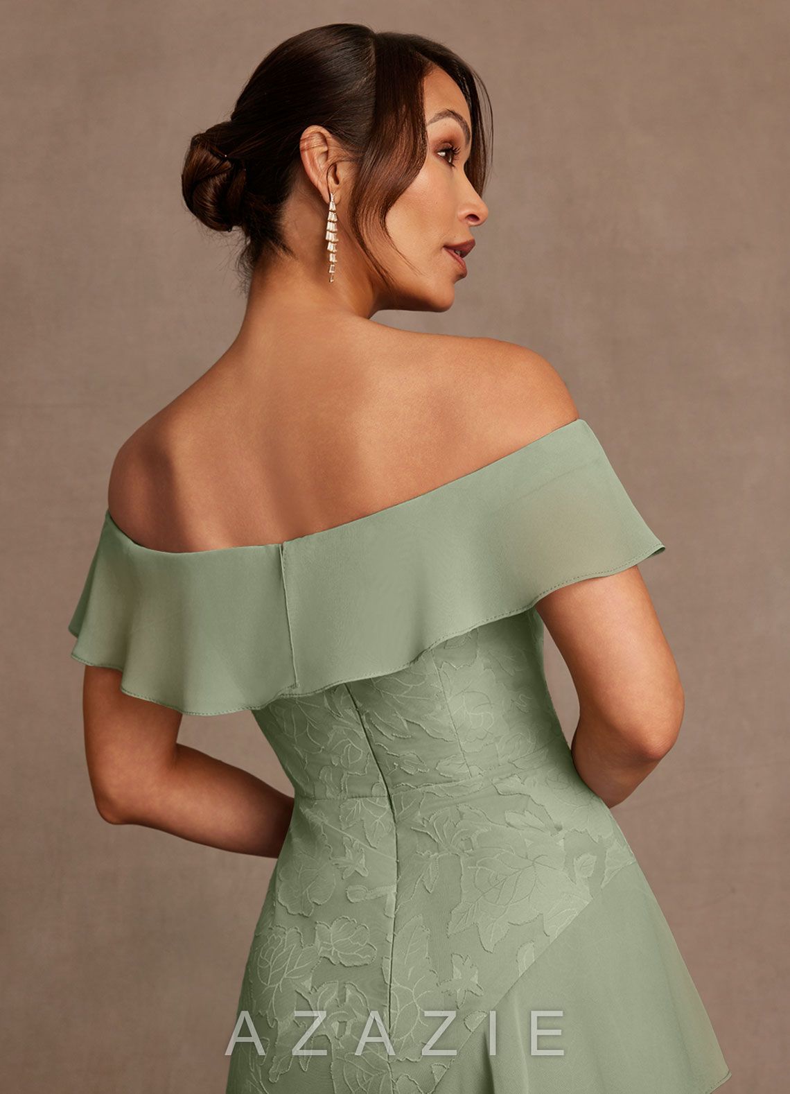 Azazie Marina Agave A-Line Off the Shoulder Floral Burnout Dress agave