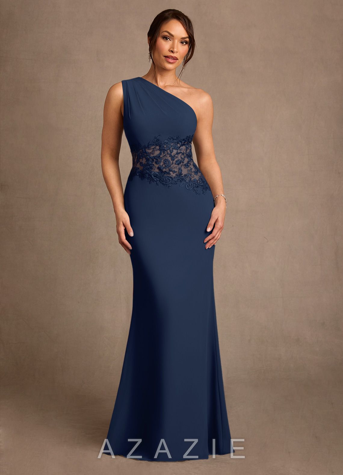 Azazie Kathie Dark Navy Mermaid Lace Chiffon Dress