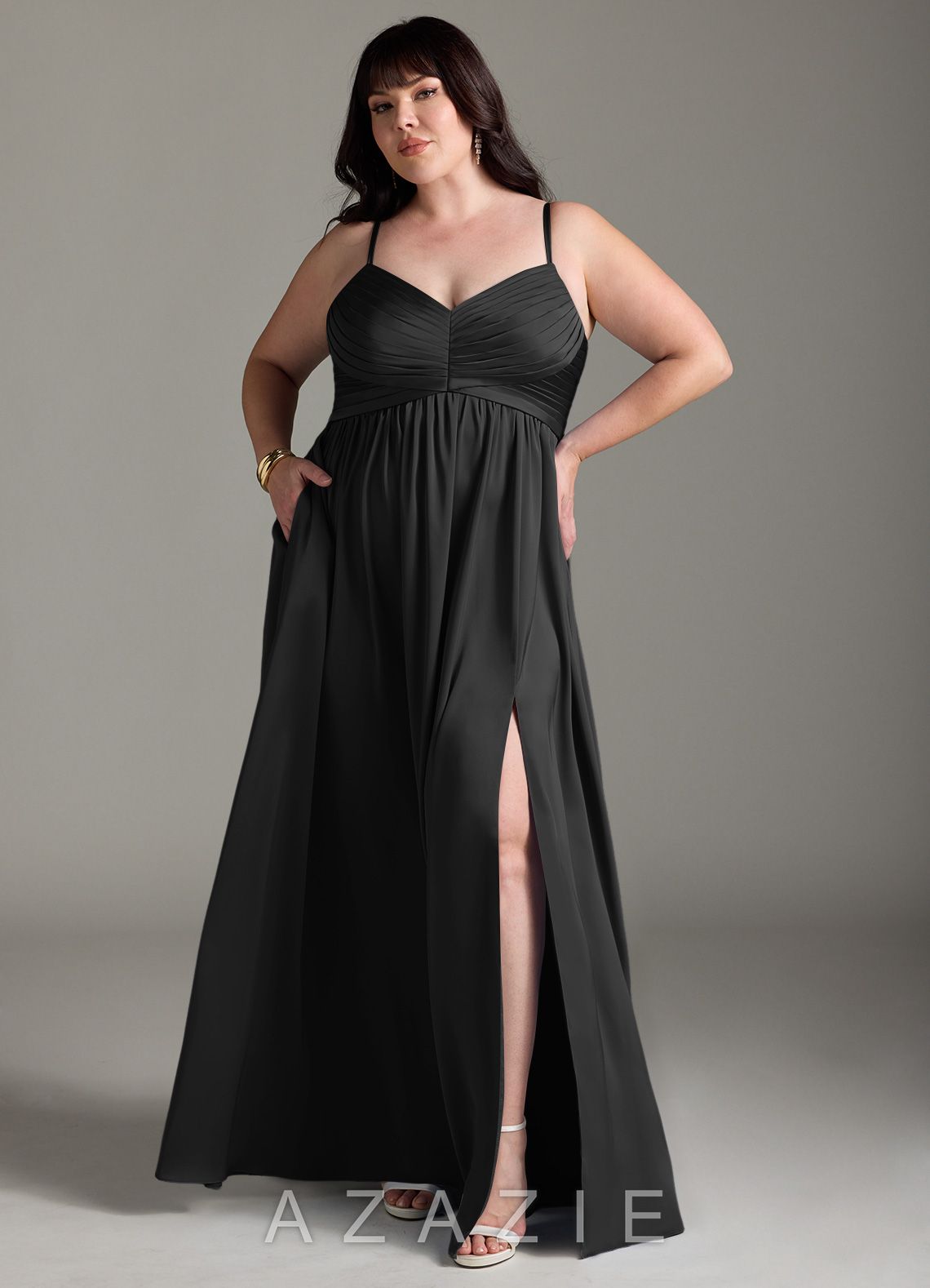 Azazie Alia Black A-Line Pleated Stretch Satin Dress black