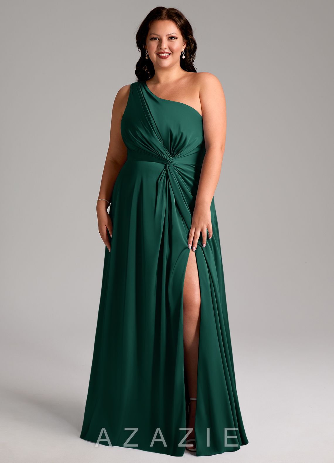 Azazie Brooke Emerald A-Line One Shoulder Stretch Satin Dress emerald