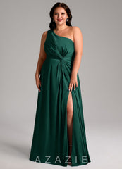 Azazie Brooke Emerald A-Line One Shoulder Stretch Satin Dress emerald