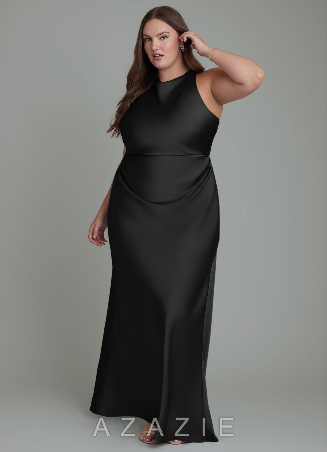 Azazie Evadne Black Sheath Pleated Stretch Satin Dress black