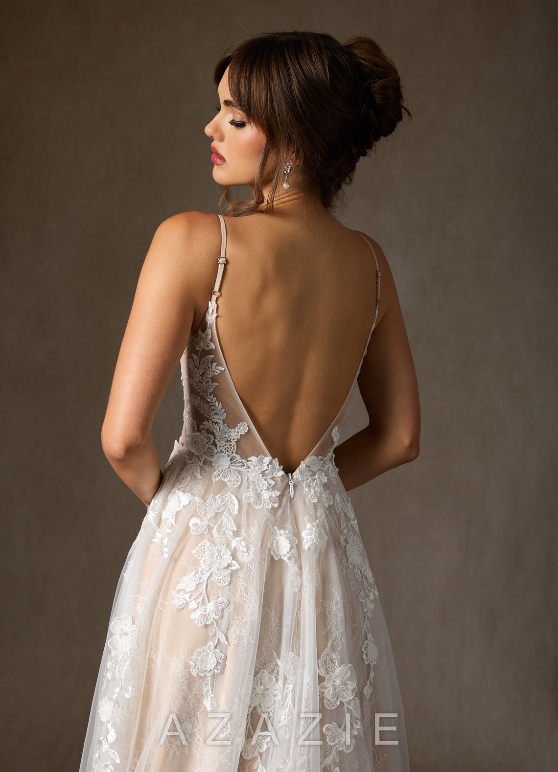 Azazie Monda Wedding Dress Diamond White Champagne A-Line Lace Tulle Dress