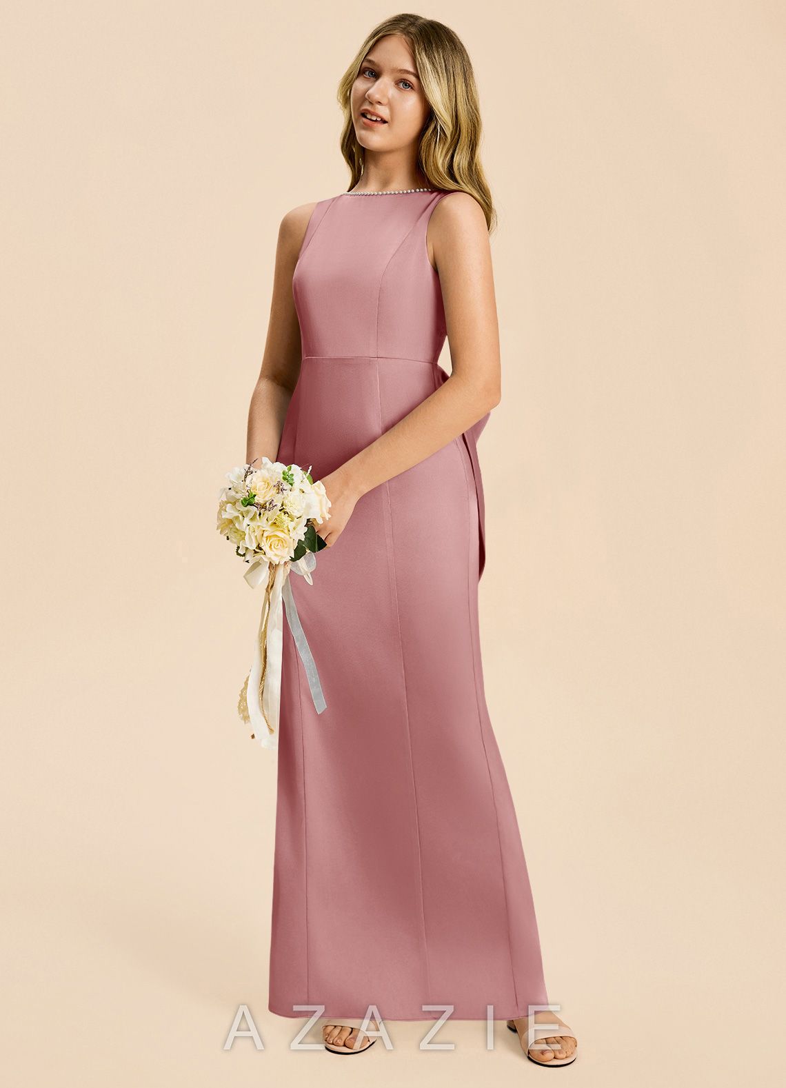 Azazie Emi Junior Dusty Rose Sheath Bow Stretch Satin Dress dusty_rose