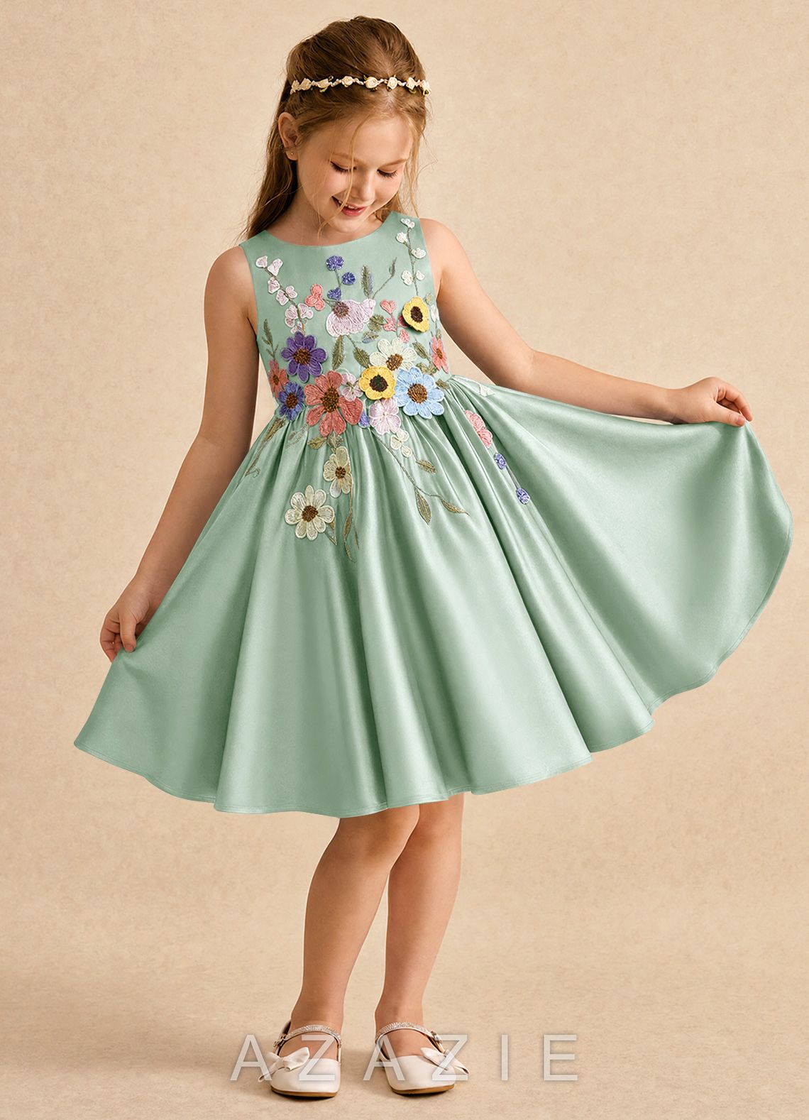 Azazie Prima Agave A-Line Bow Matte Satin Dress agave