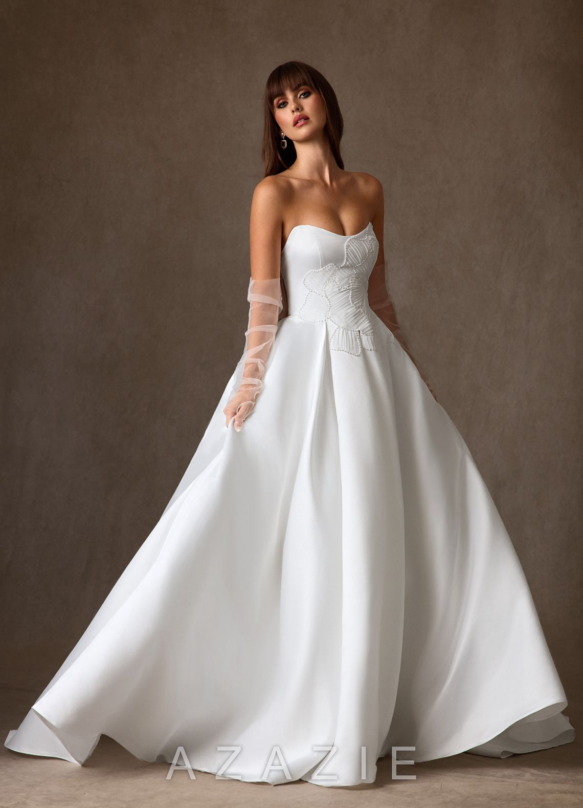 Azazie Harper Diamond White Ball-Gown Strapless Satin Dress
