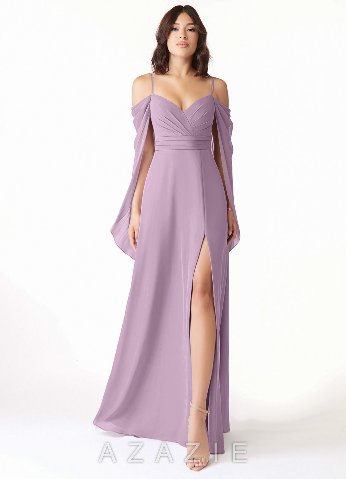 Azazie Cienna Wisteria A-Line Long Sleeve Chiffon Dress