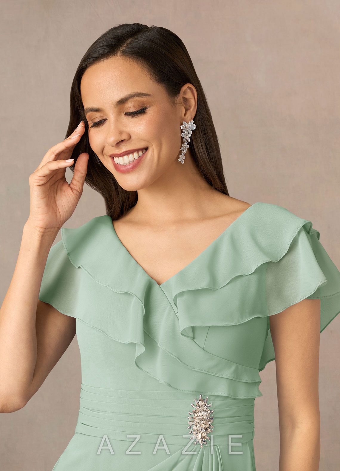 Azazie Snapdragon Agave A-Line V-Neck Ruched Chiffon Dress agave