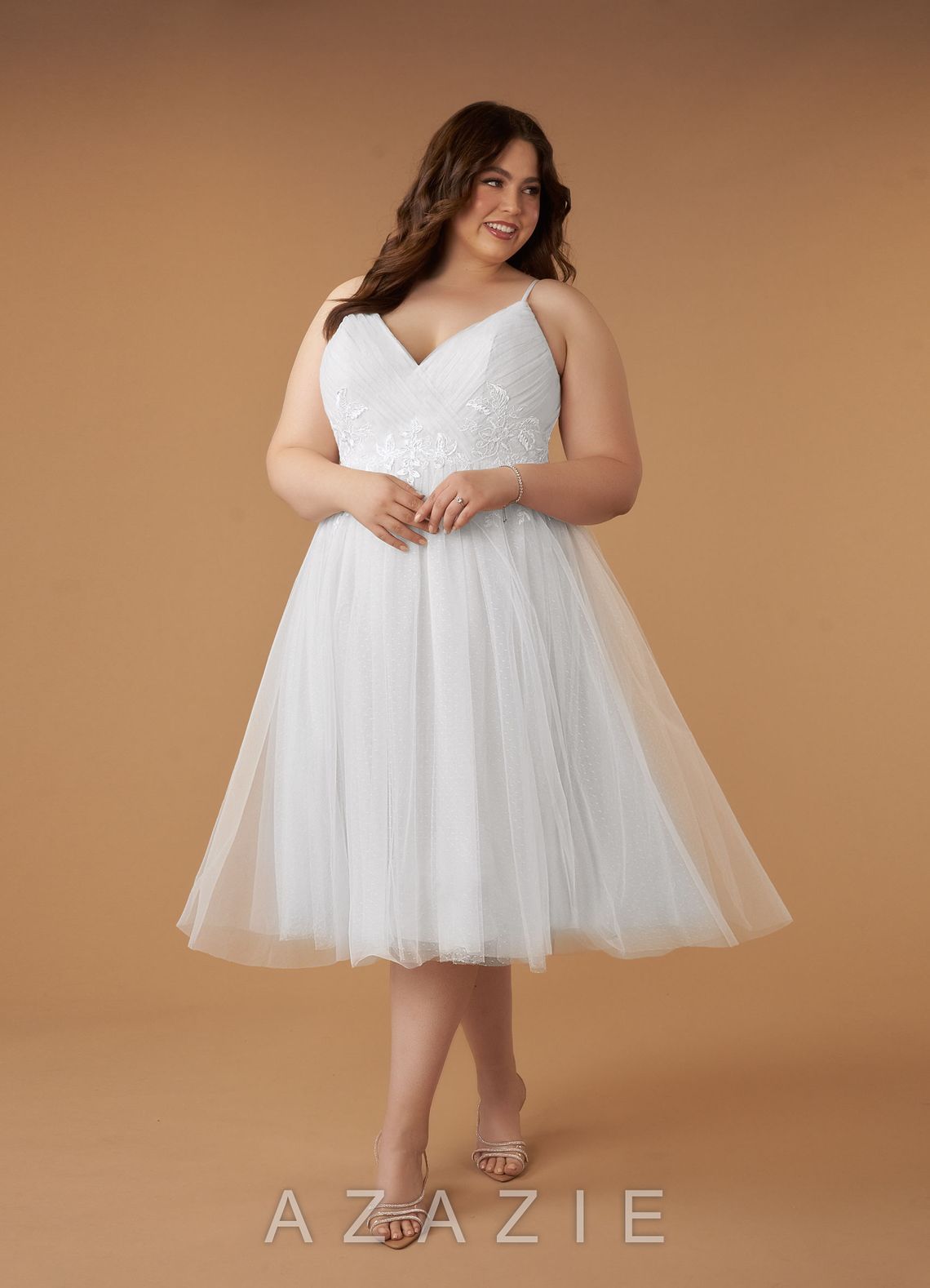 Azazie Liana Wedding Dress Diamond White A-Line V-Neck Sequins Tulle Dress diamond_white