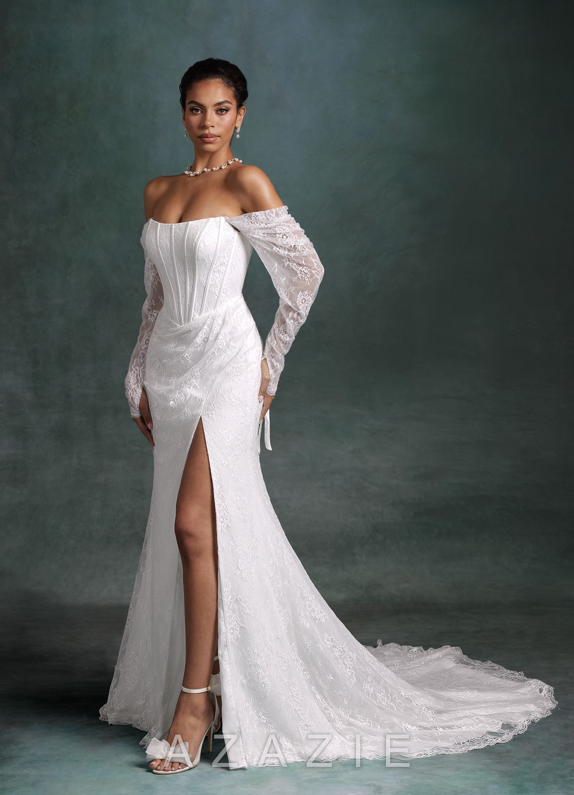 Azazie Zelda Diamond White Mermaid Side Slit Lace Dress diamond_white