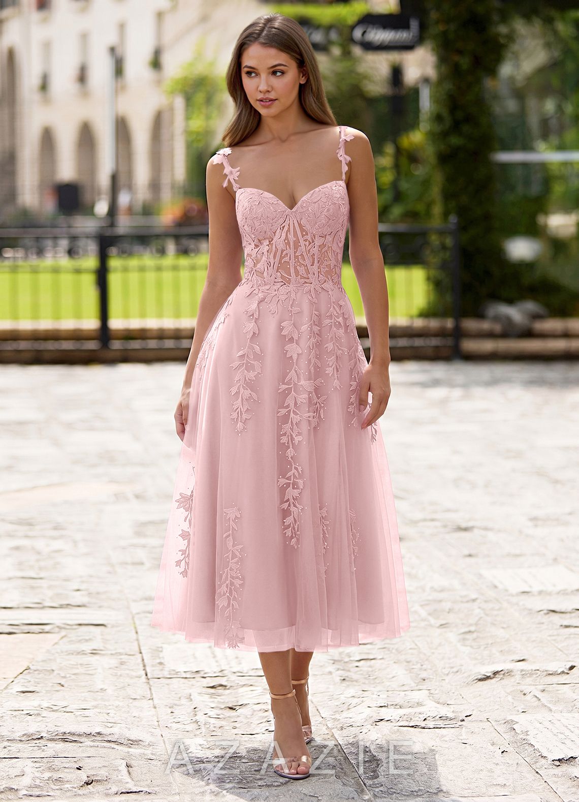 Zosia Blushing Pink Lace A-line Lace Up Back Midi Dress