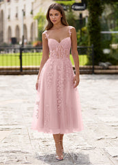 Zosia Blushing Pink Lace A-line Lace Up Back Midi Dress
