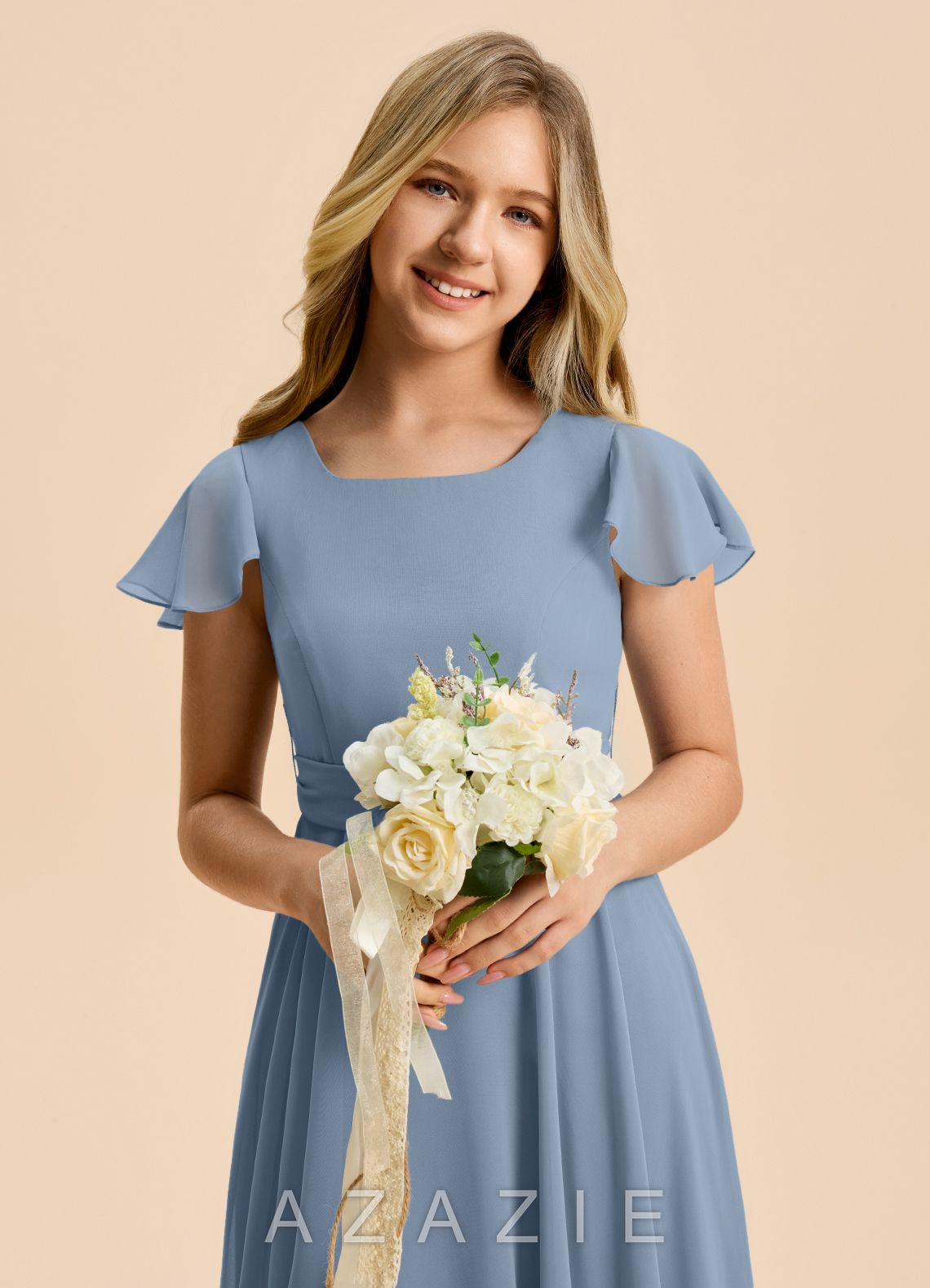 Azazie Cady Junior Dusty Blue A-Line Pleated Chiffon Dress dusty_blue