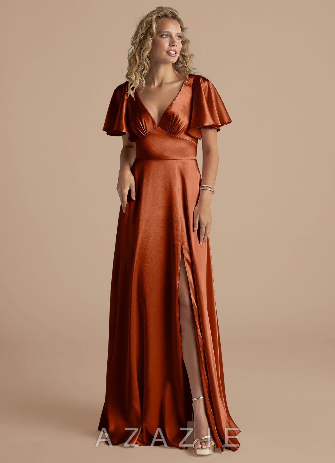 Azazie Kimber Auburn A-Line Ruched Metallic Satin Dress auburn