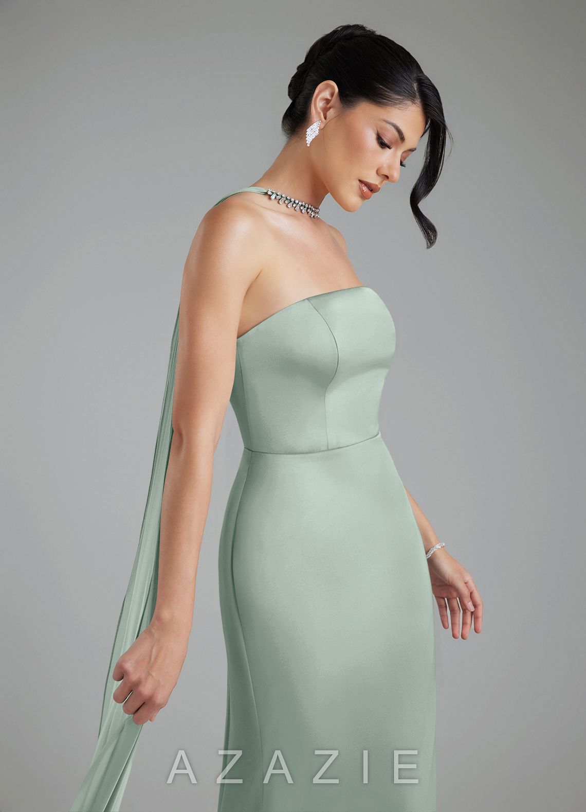 Azazie Tyler Agave Sheath Strapless Stretch Satin Convertible Dress agave