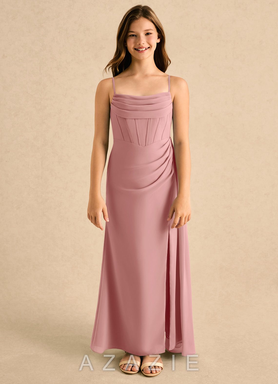 Azazie Moxie Girls Formal Dusty Rose A-Line Lace Chiffon Dress dusty_rose