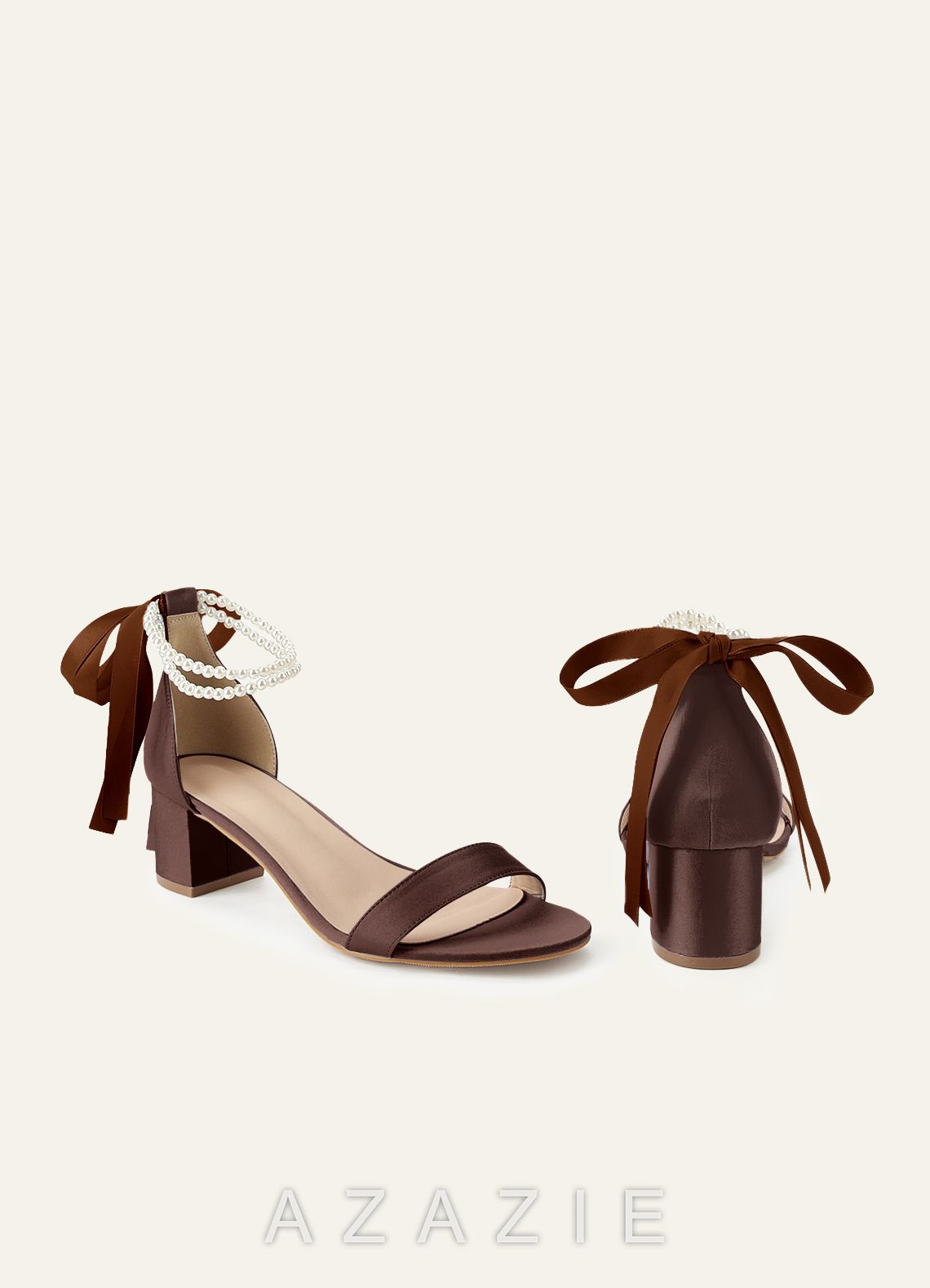 Matching Color Matte Satin Pearl and Bow Open Toe Chunky Heel Sandals