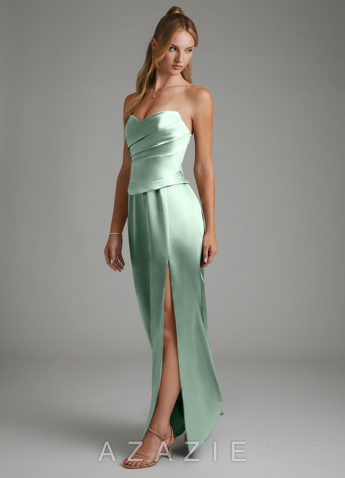 Azazie Logan Agave Sheath Strapless Metallic Satin Dress agave