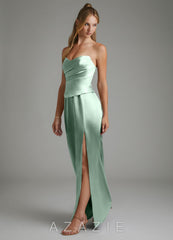 Azazie Logan Agave Sheath Strapless Metallic Satin Dress agave