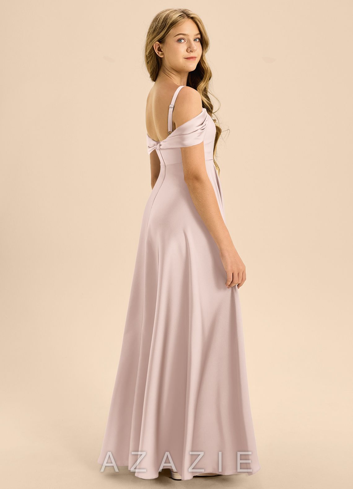 Azazie Rowena Junior Blushing Pink A-Line Bow Stretch Satin Dress blushing_pink