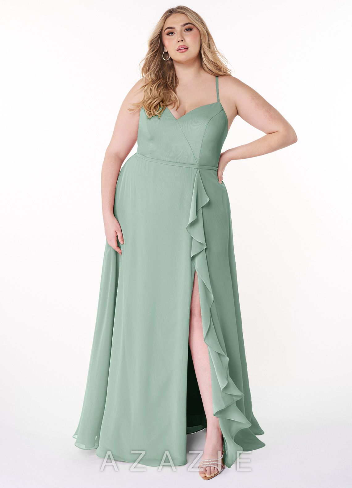 Azazie Naeem Agave A-Line V-Neck Ruffle Chiffon Dress agave