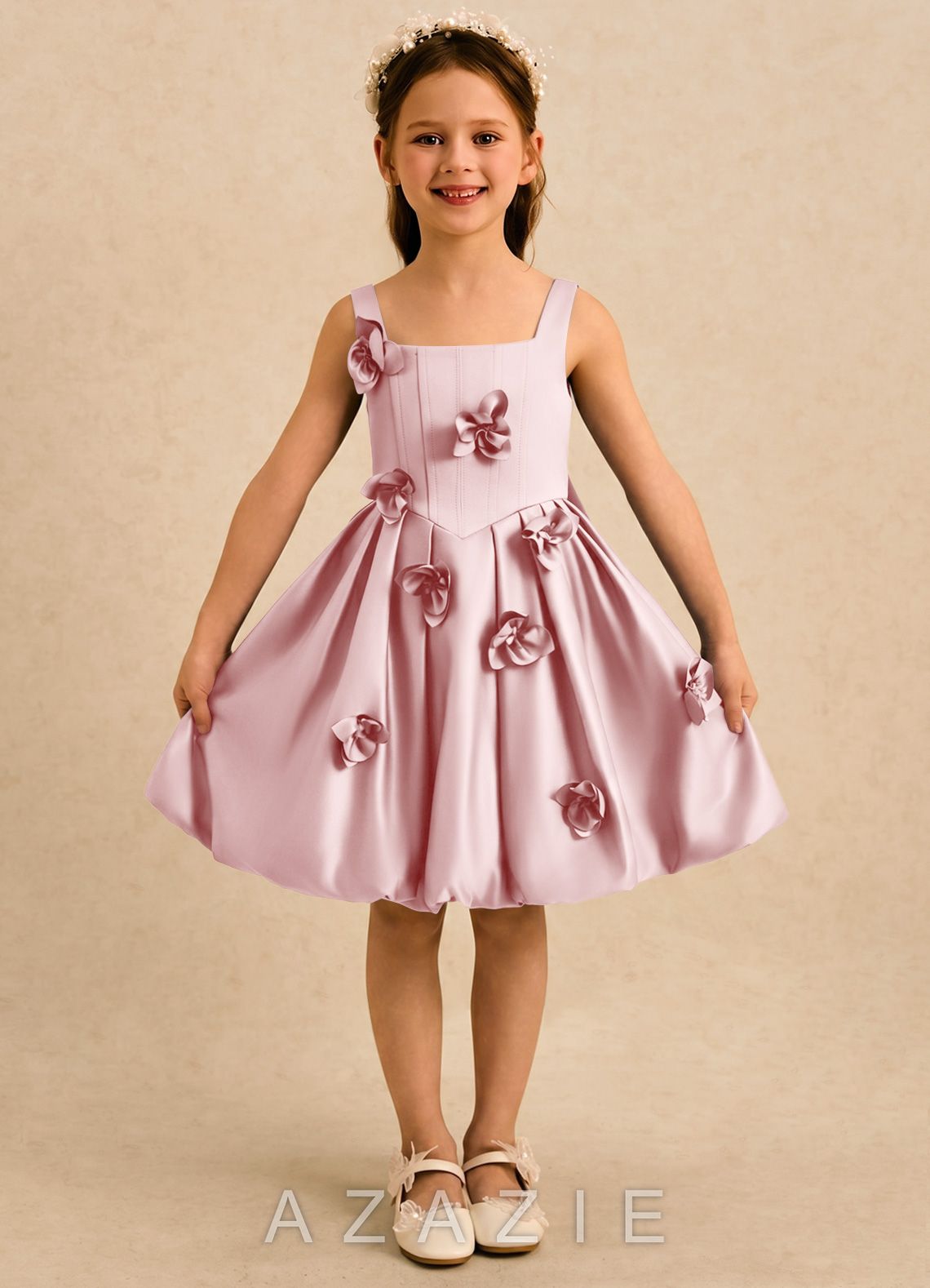Azazie Lillian Powder Pink Ball-Gown Pleated Matte Satin Dress powder_pink