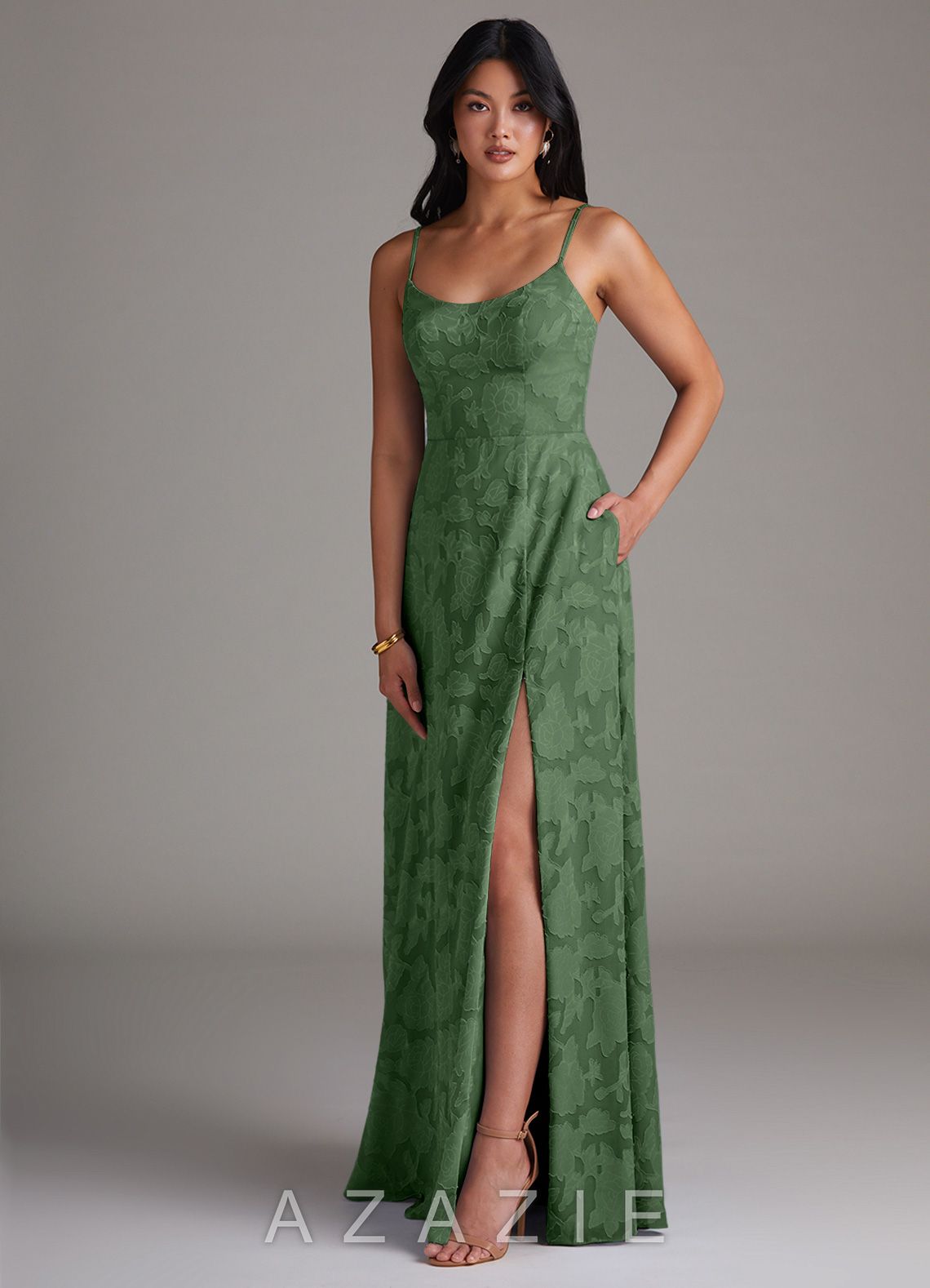 Azazie Moira Eucalyptus A-Line Side Slit Floral Burnout Dress eucalyptus
