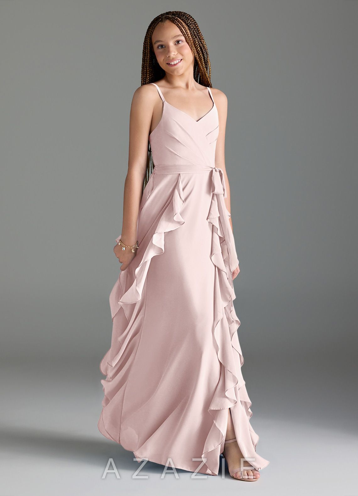 Azazie Peyton Junior Blushing Pink A-Line V-Neck Cascading Ruffles Chiffon Dress blushing_pink