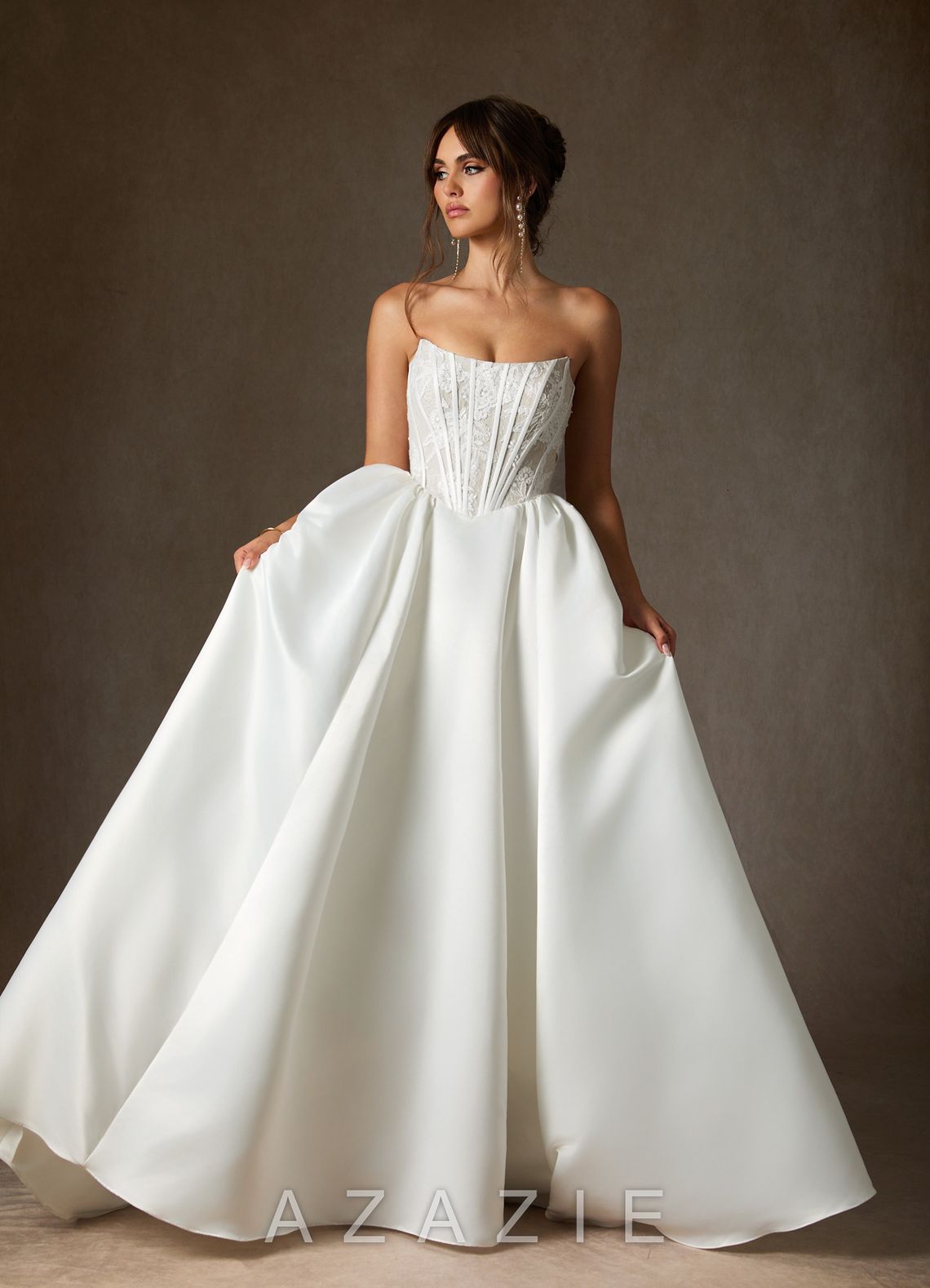 Azazie Mirabeth Diamond White Ball-Gown Strapless Lace Dress diamond_white