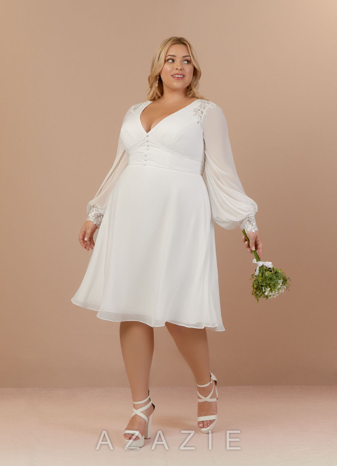 Azazie Amila Wedding Dress Diamond White A-Line V-Neck Lace Chiffon Dress